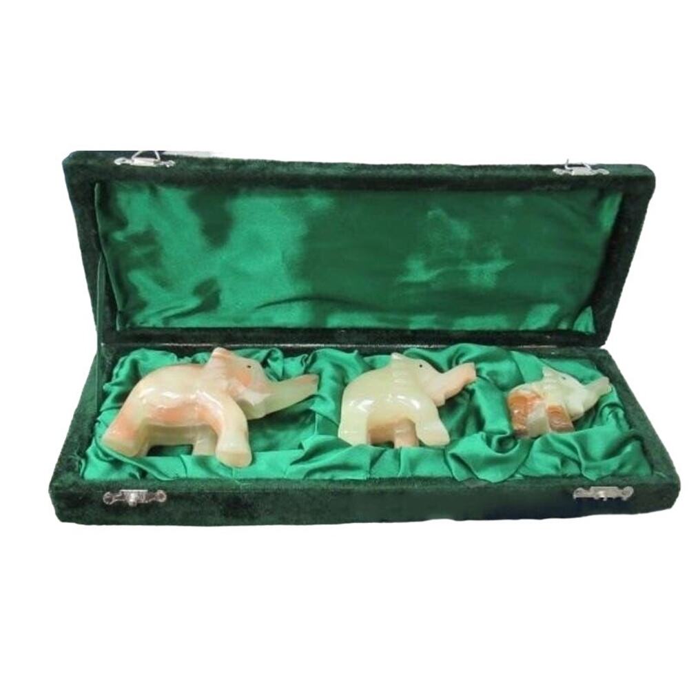 Feng Shui Chinese Hand Carve Polished Onyx Elephant Family Figurines Sculpture